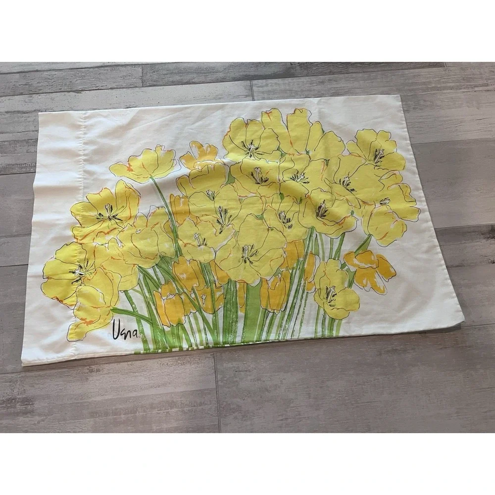VERA NEUMANN Yellow Floral Tulip Print VTG Pillowcase By Burlington-Made In USA-